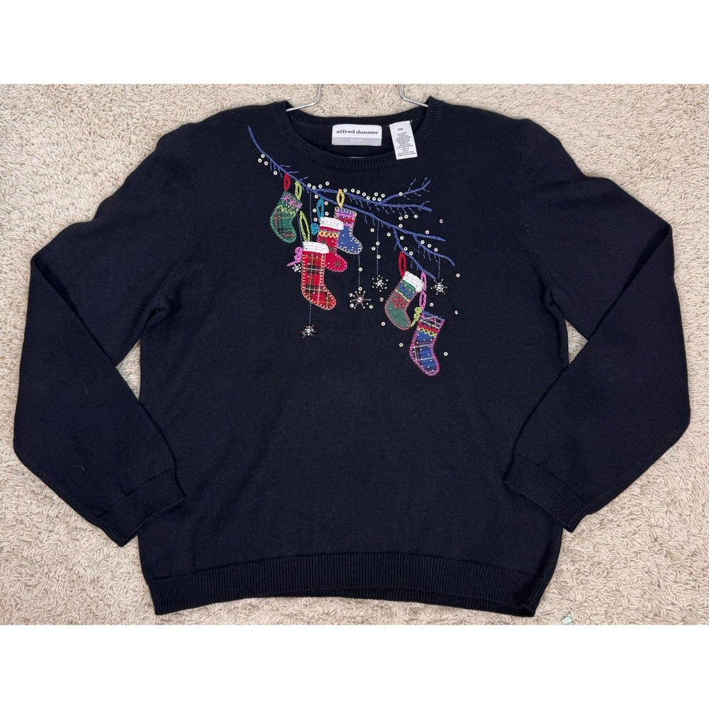 VTG Alfred Dunner Embroidered Christmas Stockings Pullover Sweater Women's PXL